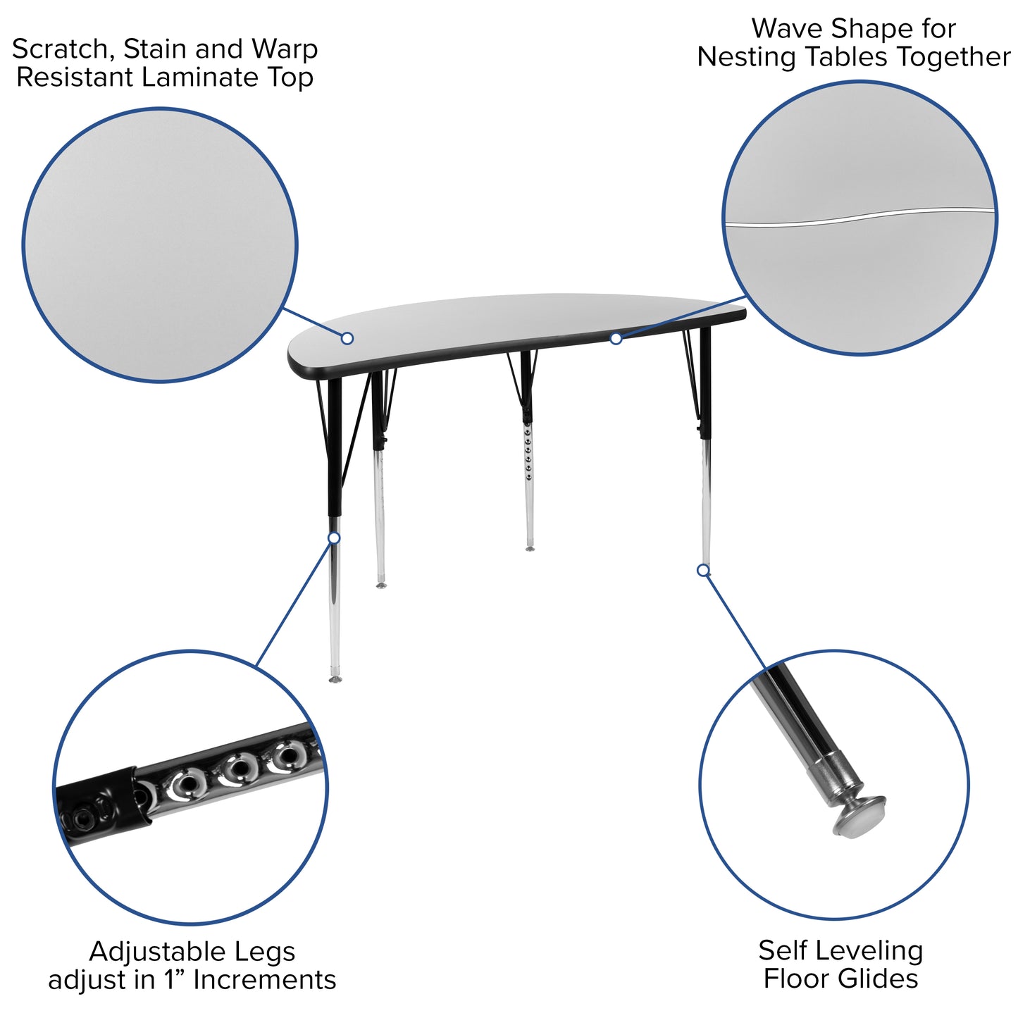 Emmy 47.5" Circle Wave Flexible Laminate Activity Table Set with 16" Student Stack Chairs, Grey/Black