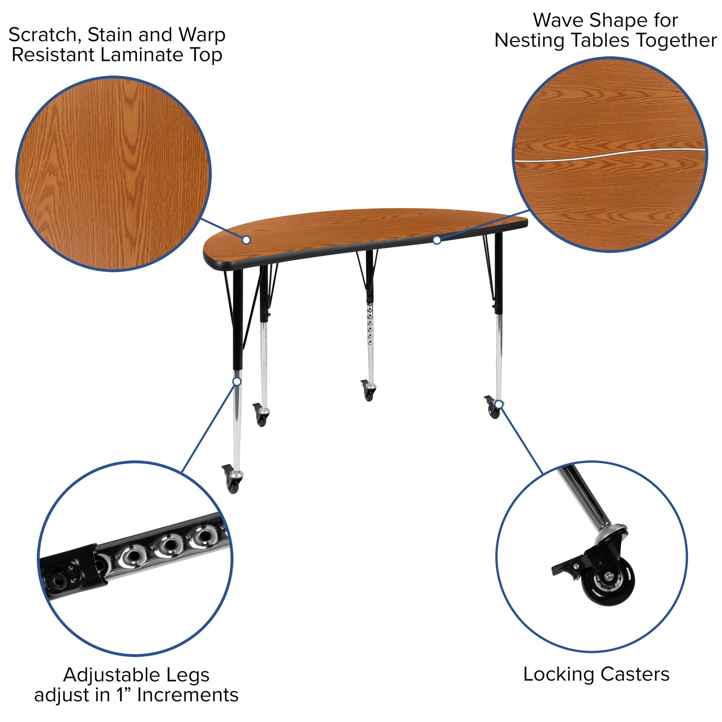 Emmy Mobile 47.5" Circle Wave Flexible Laminate Activity Table Set with 16" Student Stack Chairs, Oak/Black