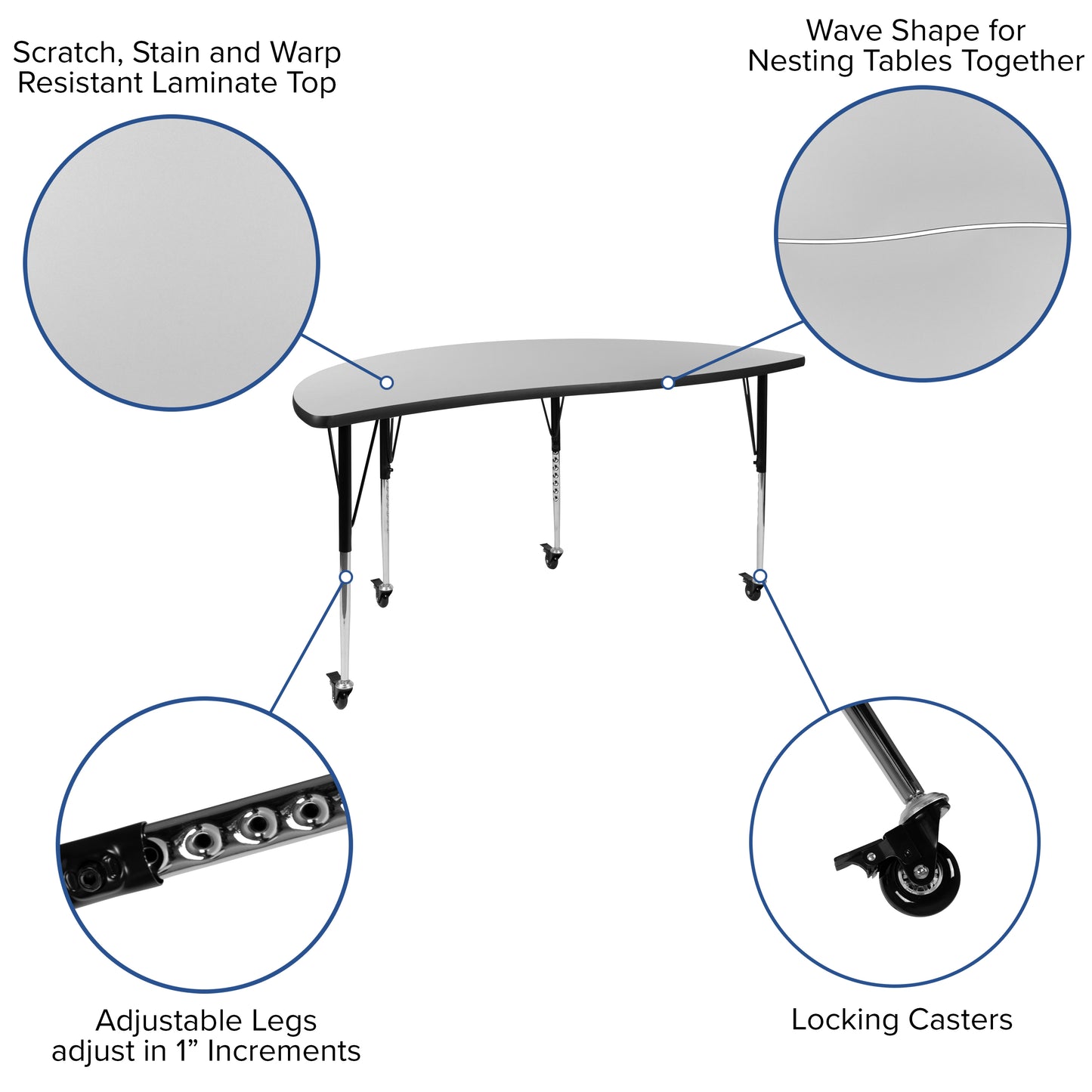Emmy Mobile 60" Circle Wave Flexible Laminate Activity Table Set with 16" Student Stack Chairs, Grey/Black