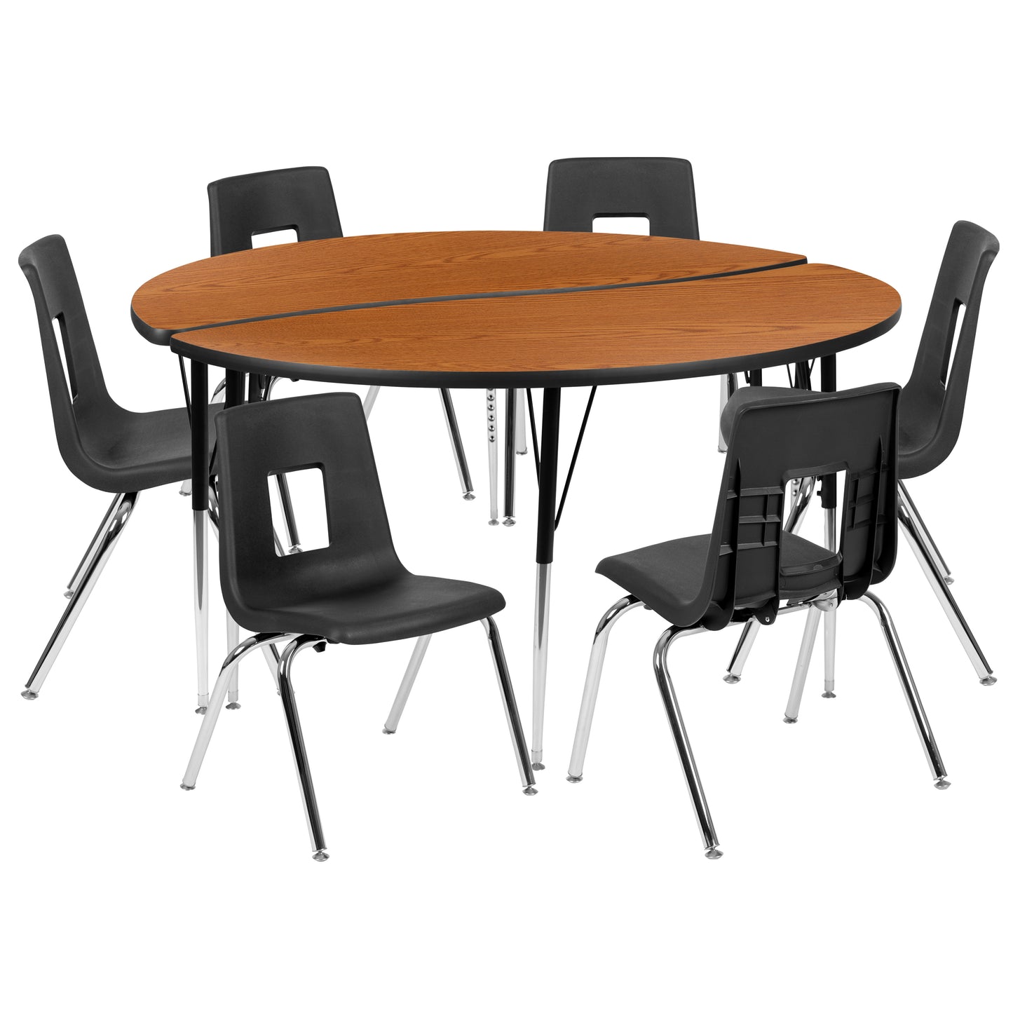 Emmy 60" Circle Wave Flexible Laminate Activity Table Set with 16" Student Stack Chairs, Oak/Black