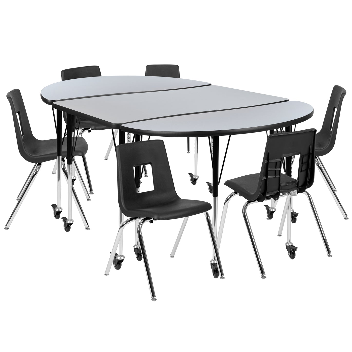 Emmy Mobile 76" Oval Wave Flexible Laminate Activity Table Set with 18" Student Stack Chairs, Grey/Black