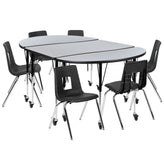 Emmy Mobile 76" Oval Wave Flexible Laminate Activity Table Set with 18" Student Stack Chairs, Grey/Black