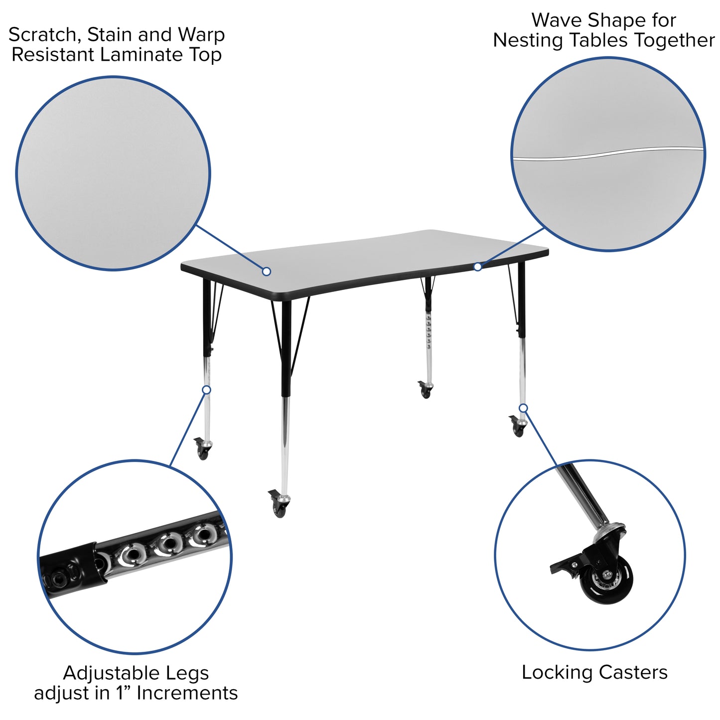 Emmy Mobile 76" Oval Wave Flexible Laminate Activity Table Set with 18" Student Stack Chairs, Grey/Black