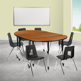 Emmy Mobile 76" Oval Wave Flexible Laminate Activity Table Set with 18" Student Stack Chairs, Oak/Black