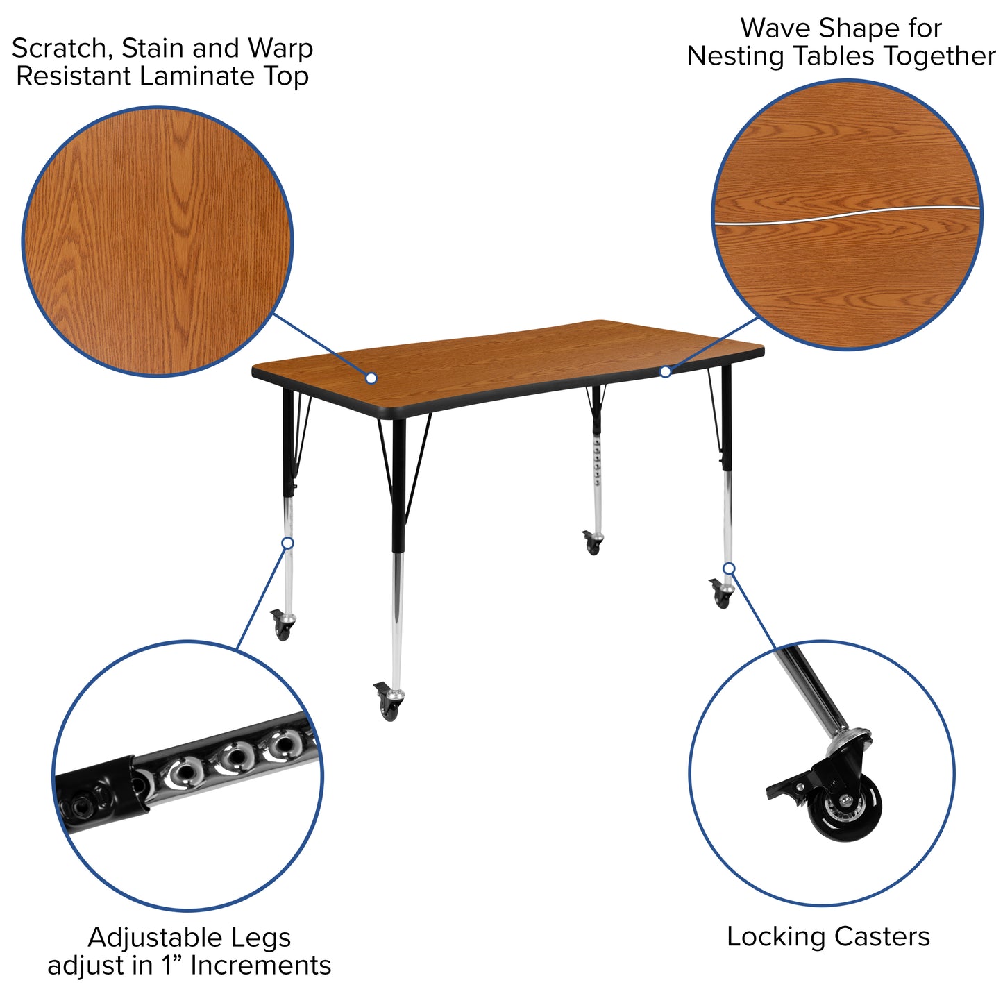 Emmy Mobile 76" Oval Wave Flexible Laminate Activity Table Set with 18" Student Stack Chairs, Oak/Black