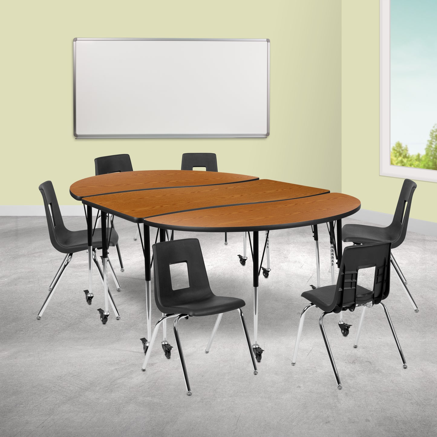 Emmy Mobile 86" Oval Wave Flexible Laminate Activity Table Set with 18" Student Stack Chairs, Oak/Black