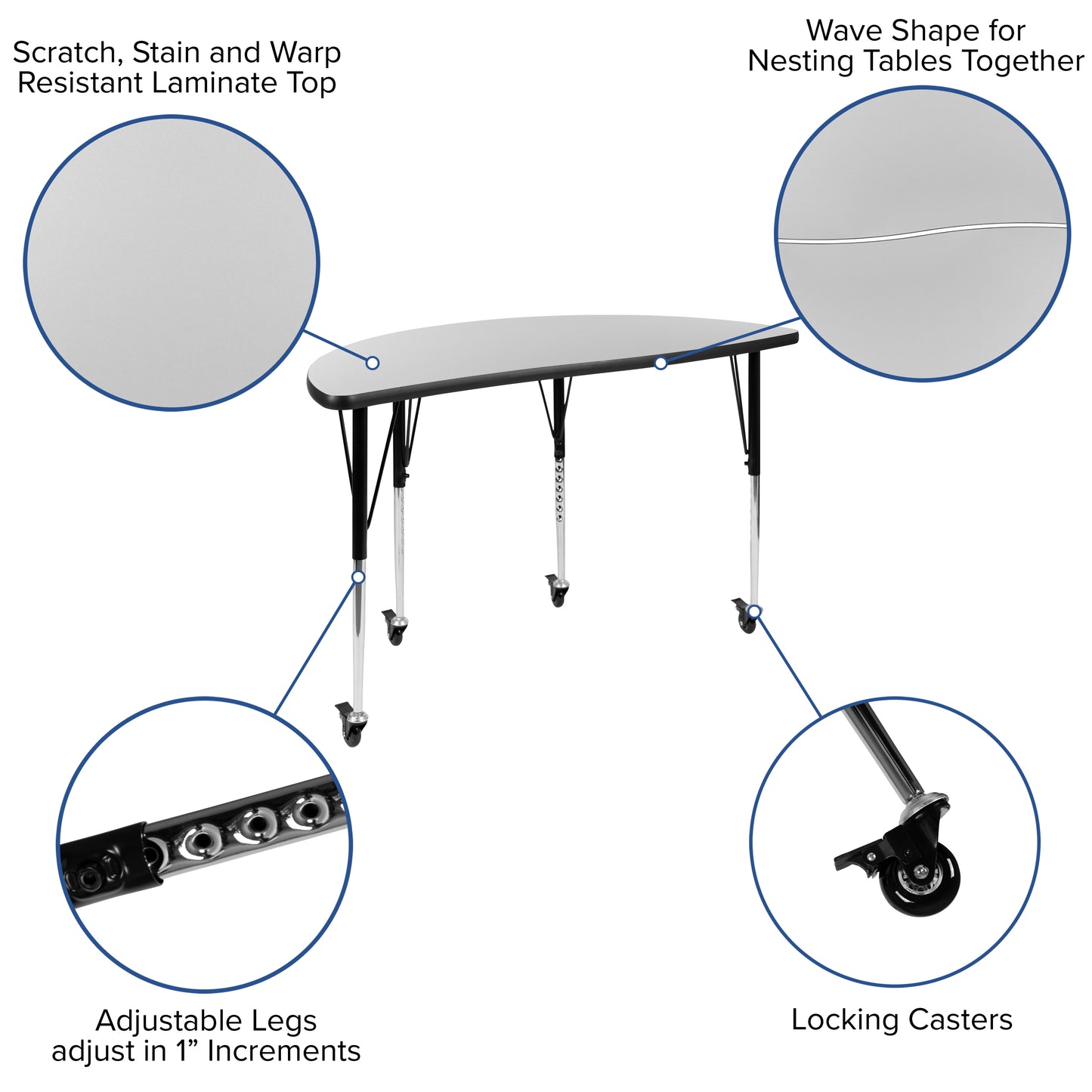 Emmy Mobile 47.5" Circle Wave Flexible Laminate Activity Table Set with 18" Student Stack Chairs, Grey/Black