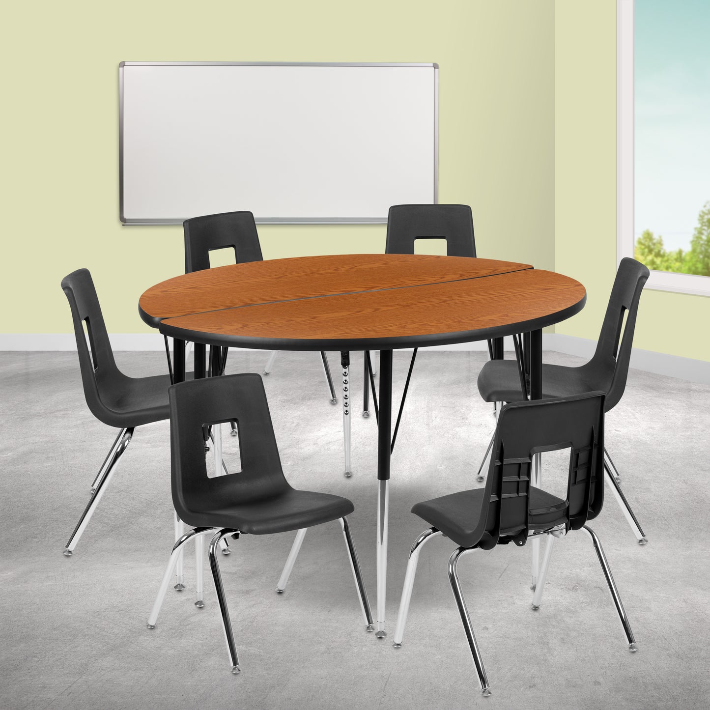 Emmy 47.5" Circle Wave Flexible Laminate Activity Table Set with 18" Student Stack Chairs, Oak/Black