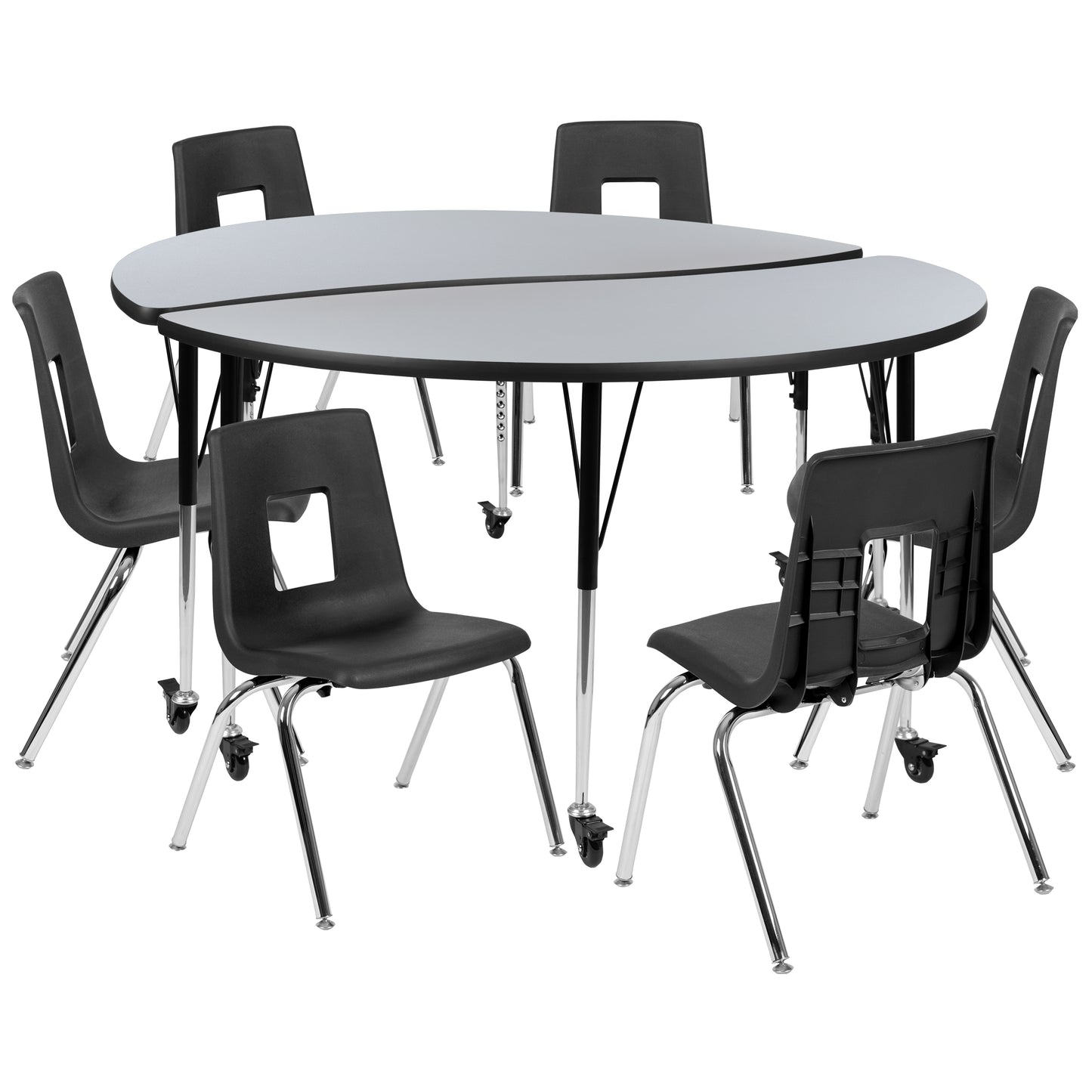 Emmy Mobile 60" Circle Wave Flexible Laminate Activity Table Set with 18" Student Stack Chairs, Grey/Black