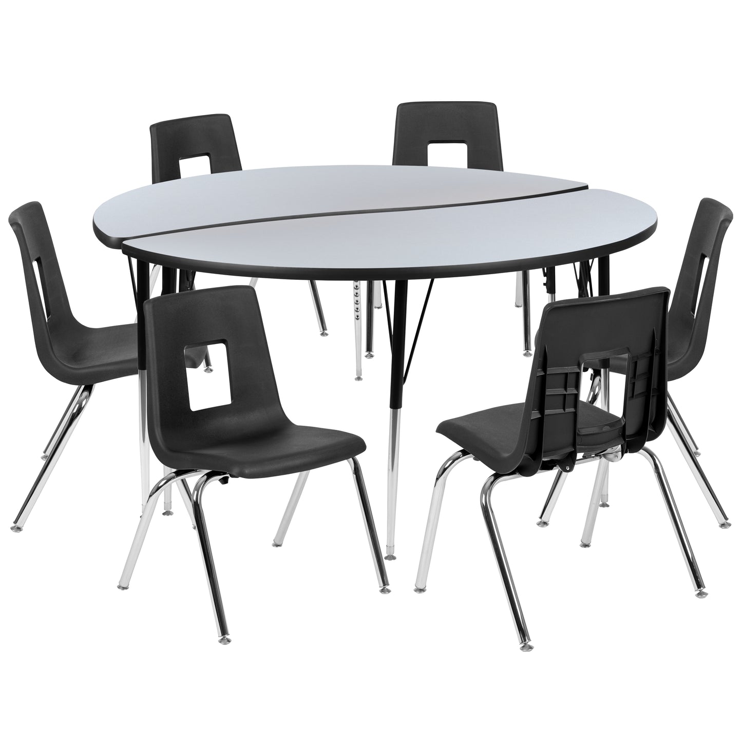 Emmy 60" Circle Wave Flexible Laminate Activity Table Set with 18" Student Stack Chairs, Grey/Black