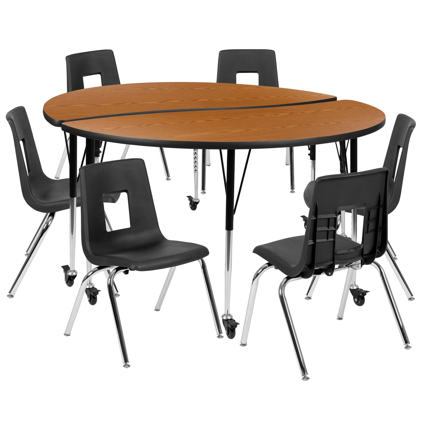 Emmy Mobile 60" Circle Wave Flexible Laminate Activity Table Set with 18" Student Stack Chairs, Oak/Black
