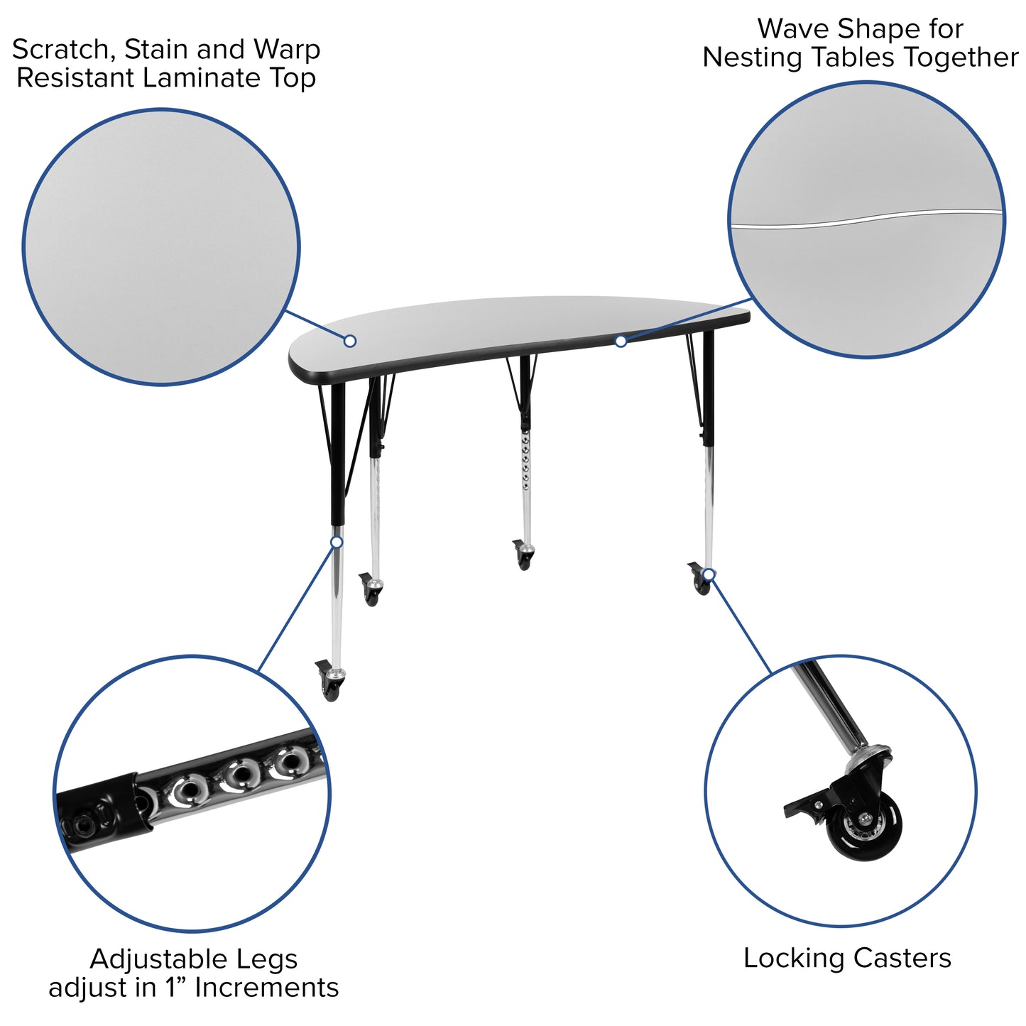 Emmy 3 Piece Mobile 76" Oval Wave Flexible Grey Thermal Laminate Activity Table Set-Standard Height Adjustable Legs