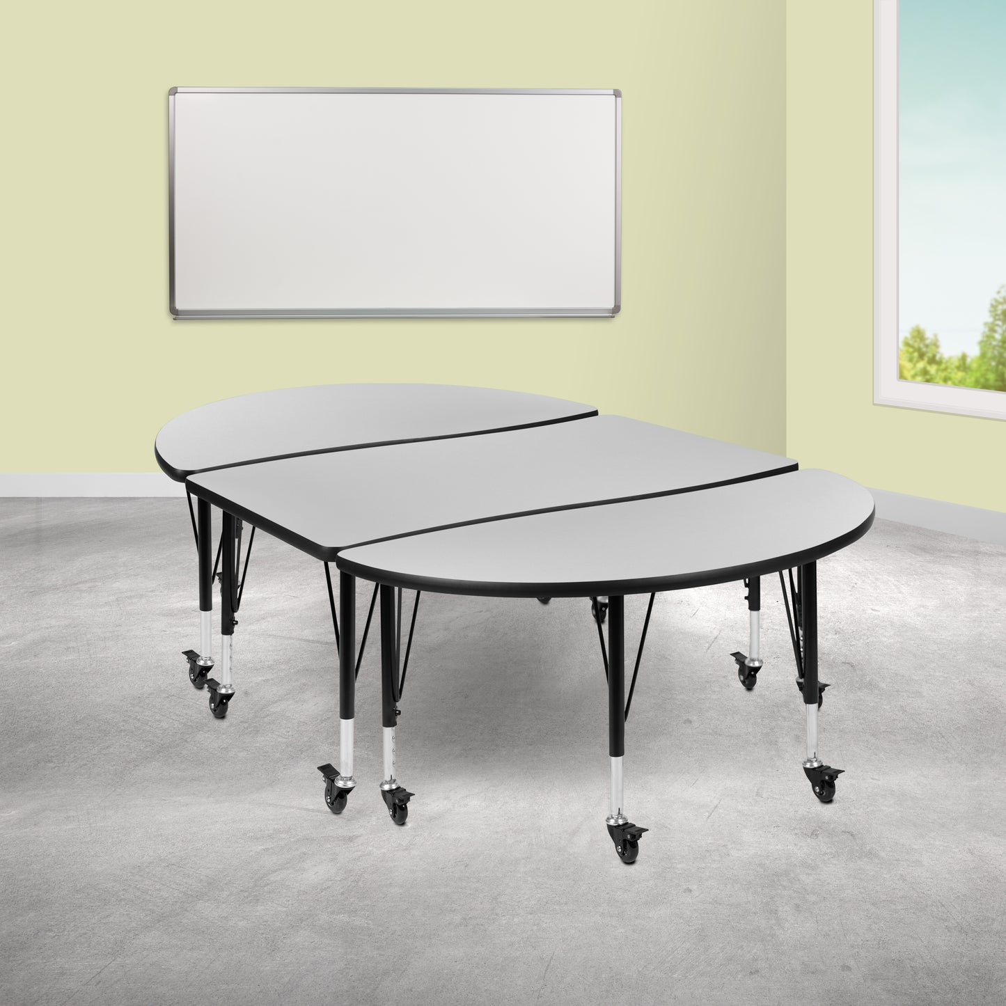 Emmy 3 Piece Mobile 76" Oval Wave Flexible Grey Thermal Laminate Activity Table Set - Height Adjustable Short Legs