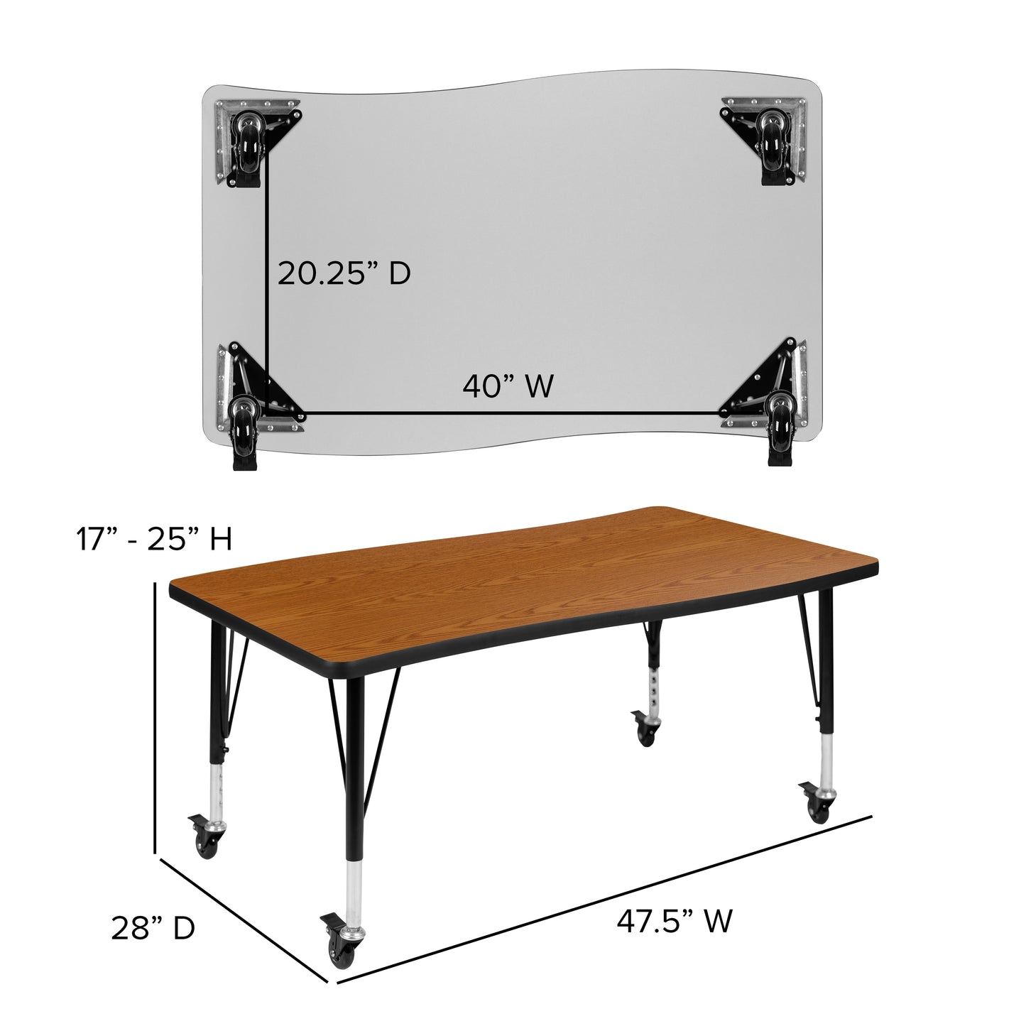 Emmy 3 Piece Mobile 76" Oval Wave Flexible Oak Thermal Laminate Activity Table Set - Height Adjustable Short Legs