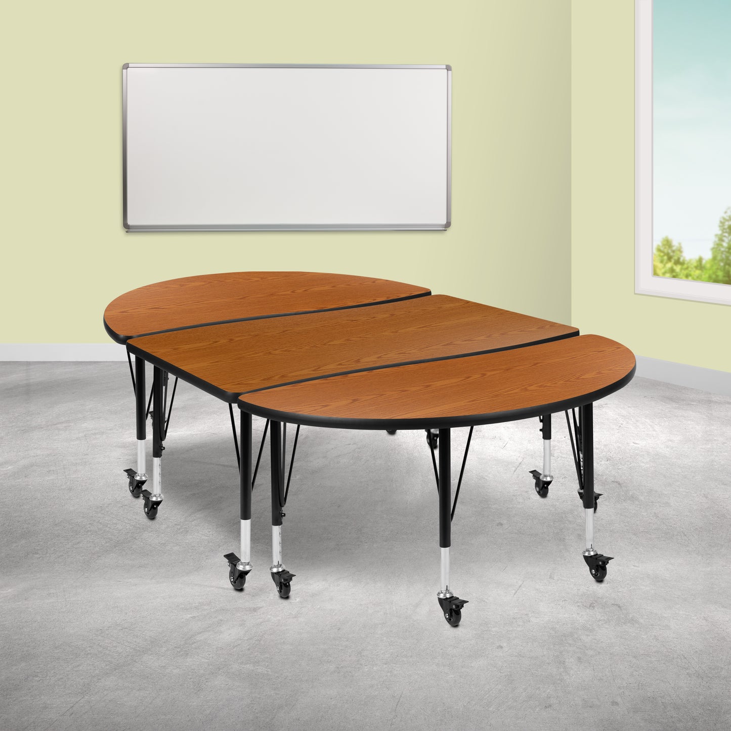Emmy 3 Piece Mobile 76" Oval Wave Flexible Oak Thermal Laminate Activity Table Set - Height Adjustable Short Legs