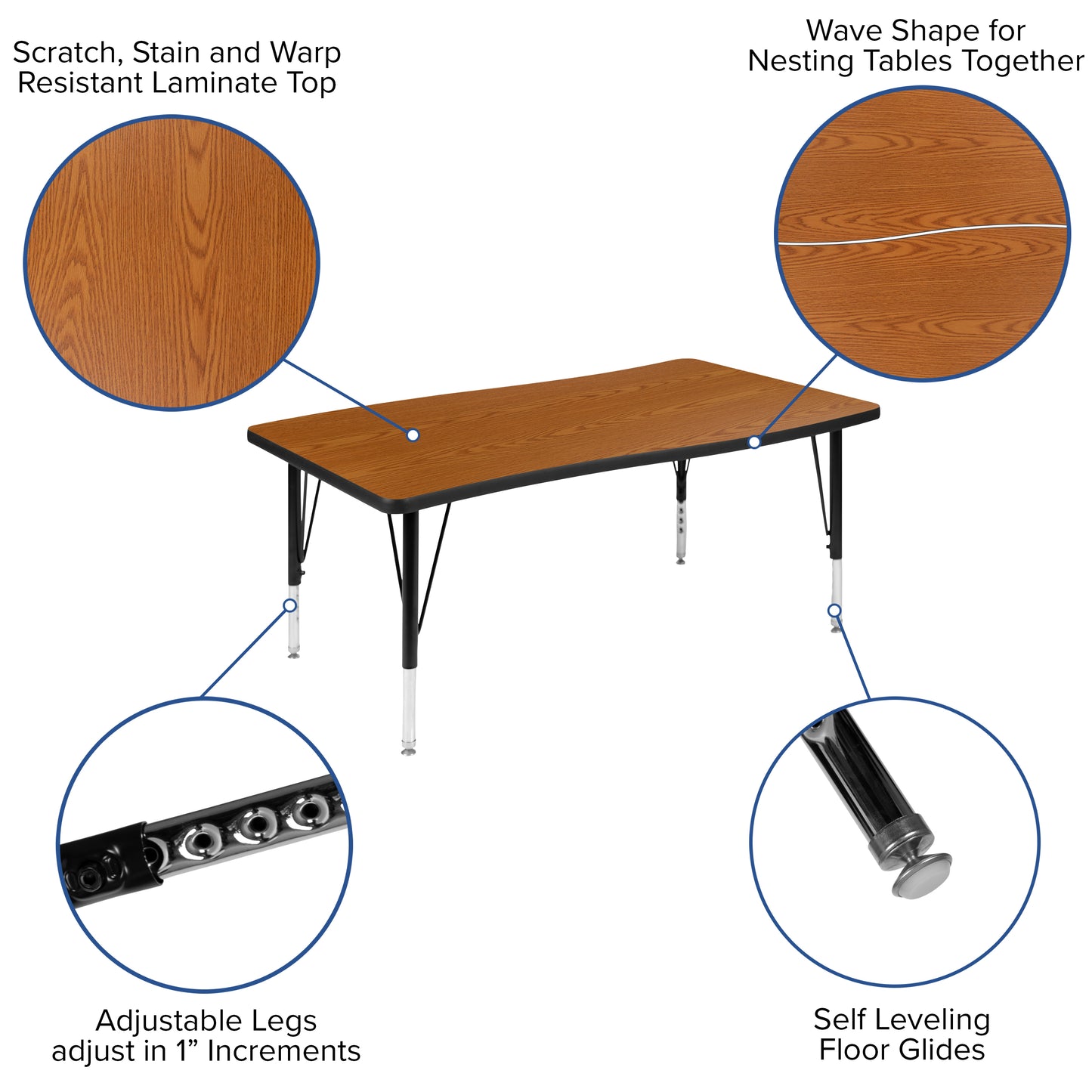 Emmy 2 Piece 76" Oval Wave Flexible Oak Thermal Laminate Activity Table Set - Height Adjustable Short Legs