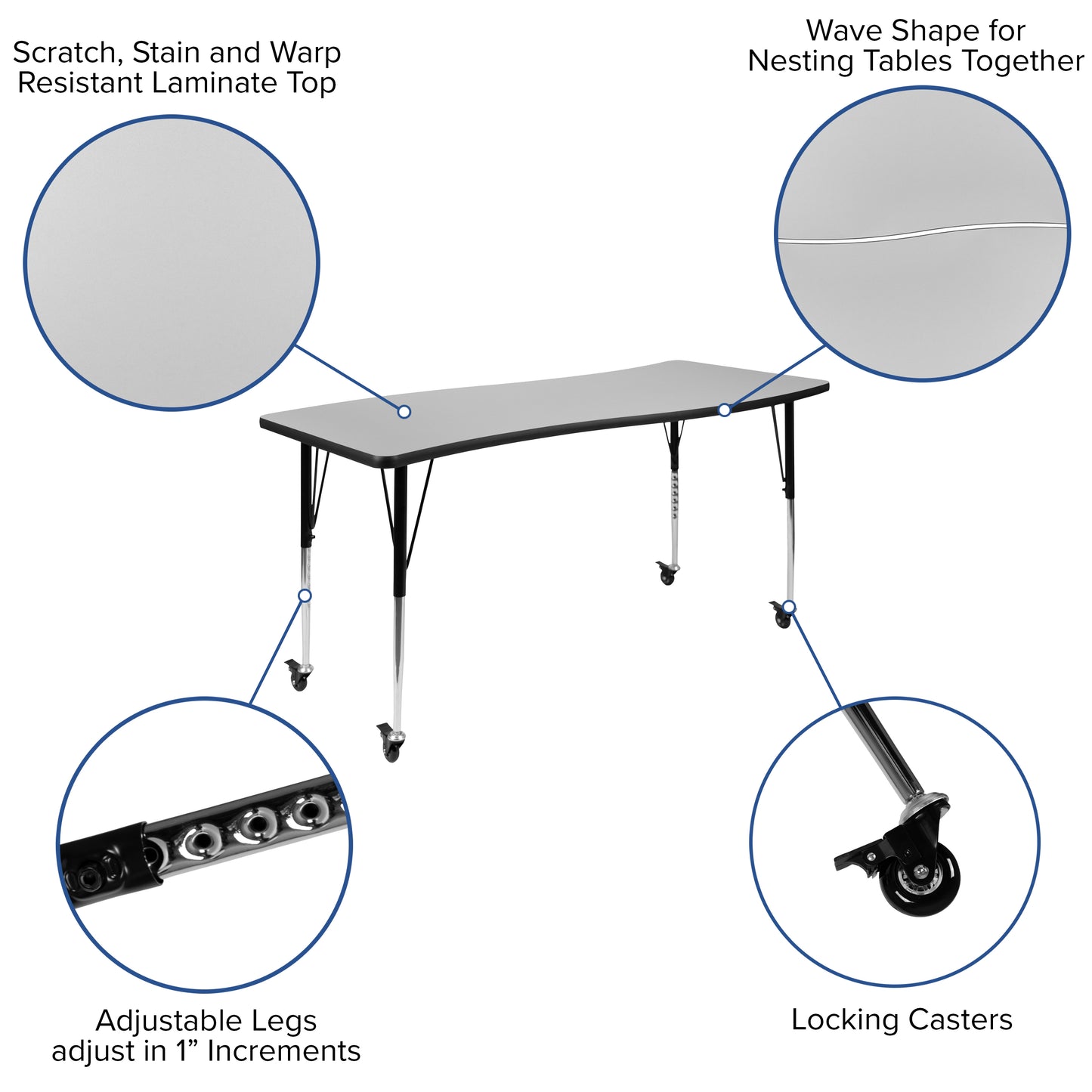 Emmy 3 Piece Mobile 86" Oval Wave Flexible Grey Thermal Laminate Activity Table Set-Standard Height Adjustable Legs