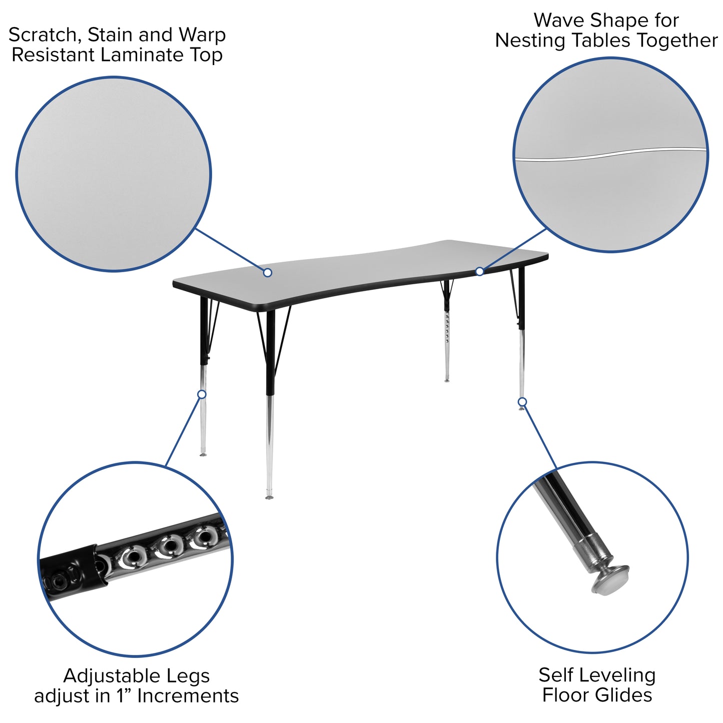 Emmy 2 Piece 86" Oval Wave Flexible Grey Thermal Laminate Activity Table Set - Standard Height Adjustable Legs
