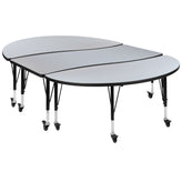 Emmy 3 Piece Mobile 86" Oval Wave Flexible Grey Thermal Laminate Activity Table Set - Height Adjustable Short Legs