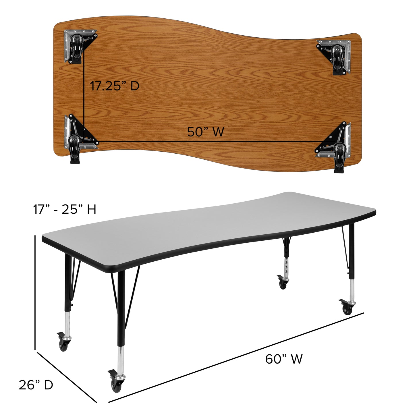 Emmy 3 Piece Mobile 86" Oval Wave Flexible Grey Thermal Laminate Activity Table Set - Height Adjustable Short Legs