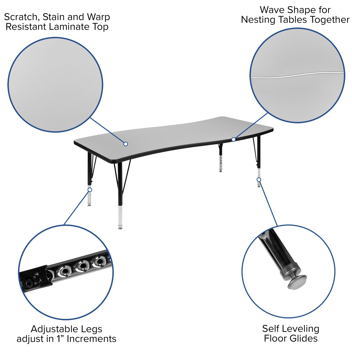Emmy 2 Piece 86" Oval Wave Flexible Grey Thermal Laminate Activity Table Set - Height Adjustable Short Legs