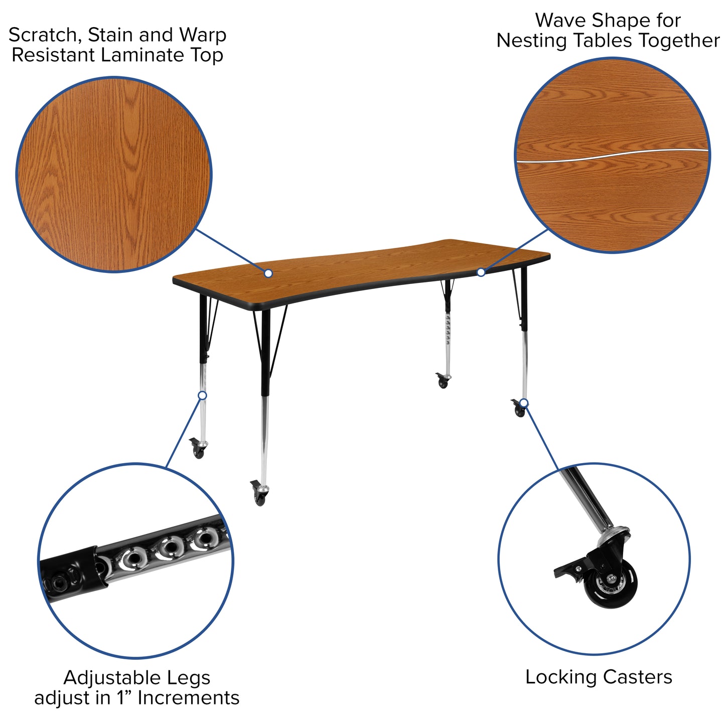 Emmy 3 Piece Mobile 86" Oval Wave Flexible Oak Thermal Laminate Activity Table Set-Standard Height Adjustable Legs
