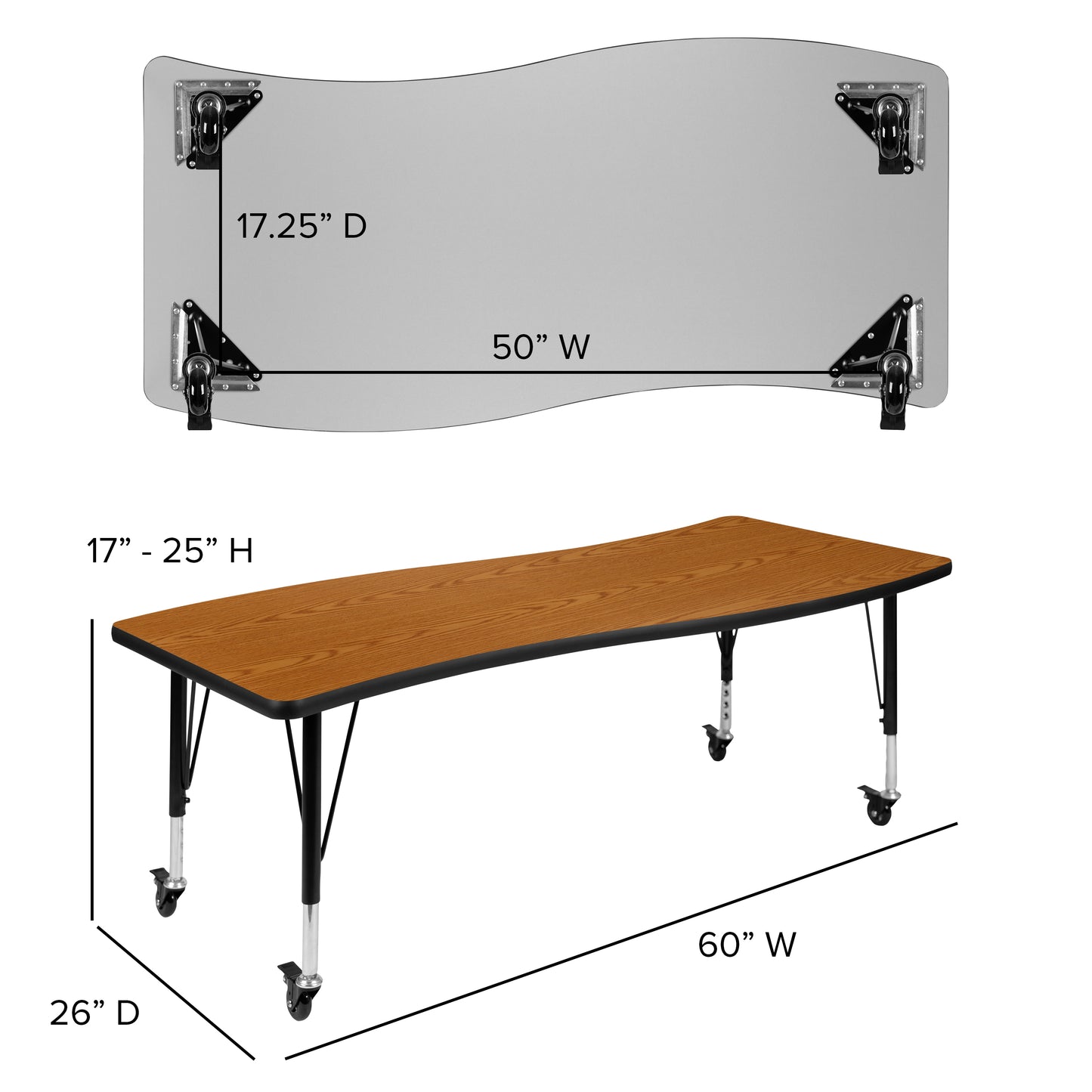 Emmy 3 Piece Mobile 86" Oval Wave Flexible Oak Thermal Laminate Activity Table Set - Height Adjustable Short Legs