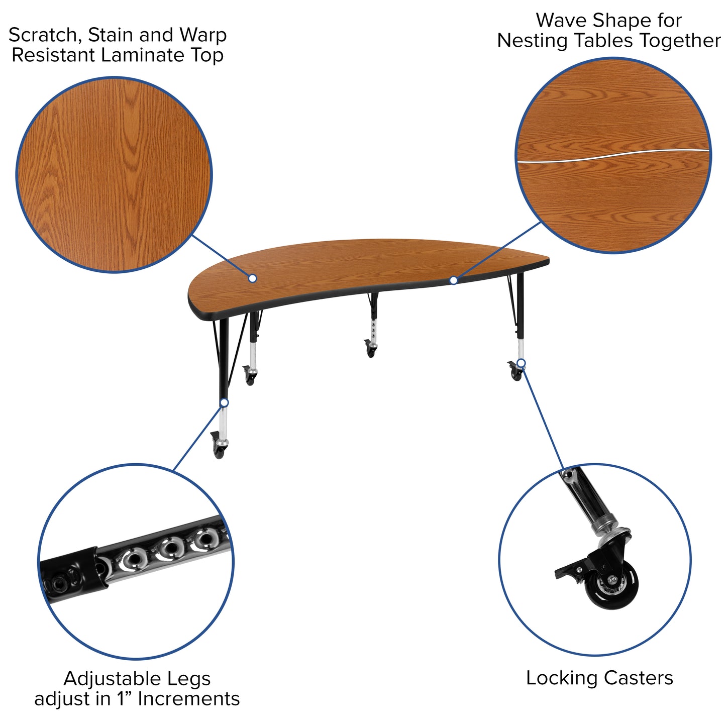 Emmy 2 Piece Mobile Emmy 60" Circle Wave Flexible Oak Thermal Laminate Kids Adjustable Activity Table Set