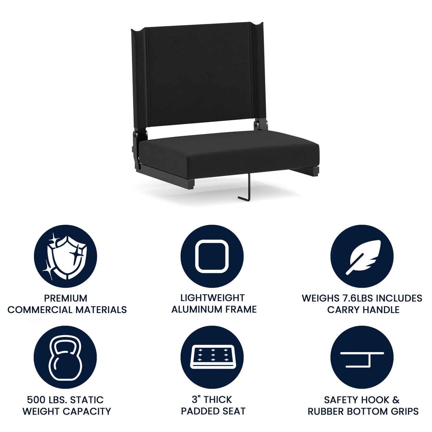 Grandstand Comfort 500 lb Capacity Padded Stadium Chairs, Folding Seats with Handles, Lightweight & Durable, Black