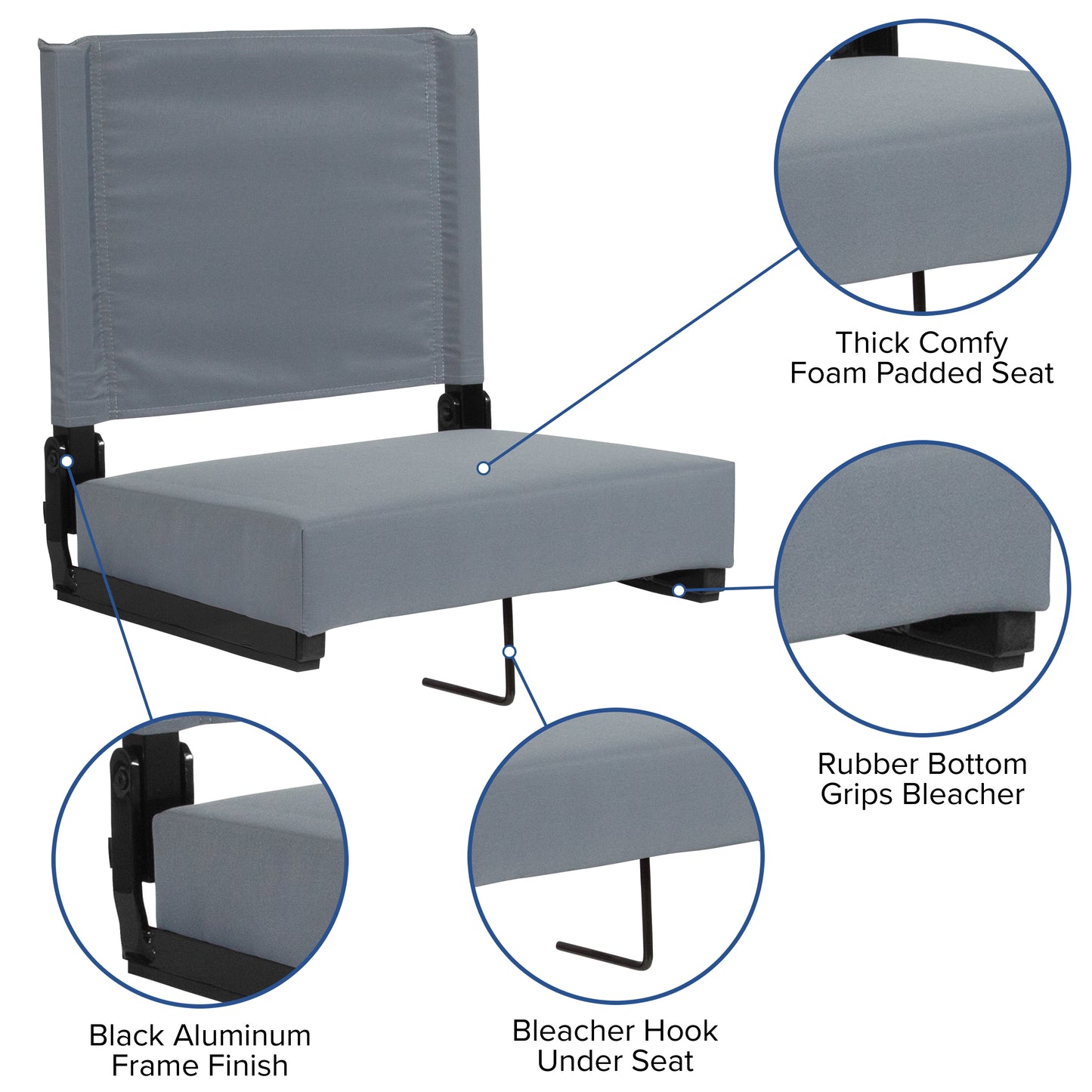 Grandstand Comfort 500 lb Capacity Padded Stadium Chairs, Folding Seats with Handles, Lightweight & Durable, Gray