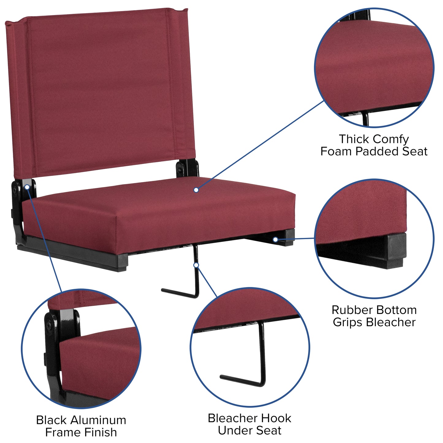 Grandstand Comfort 500 lb Capacity Padded Stadium Chairs, Folding Seats with Handles, Lightweight & Durable, Maroon