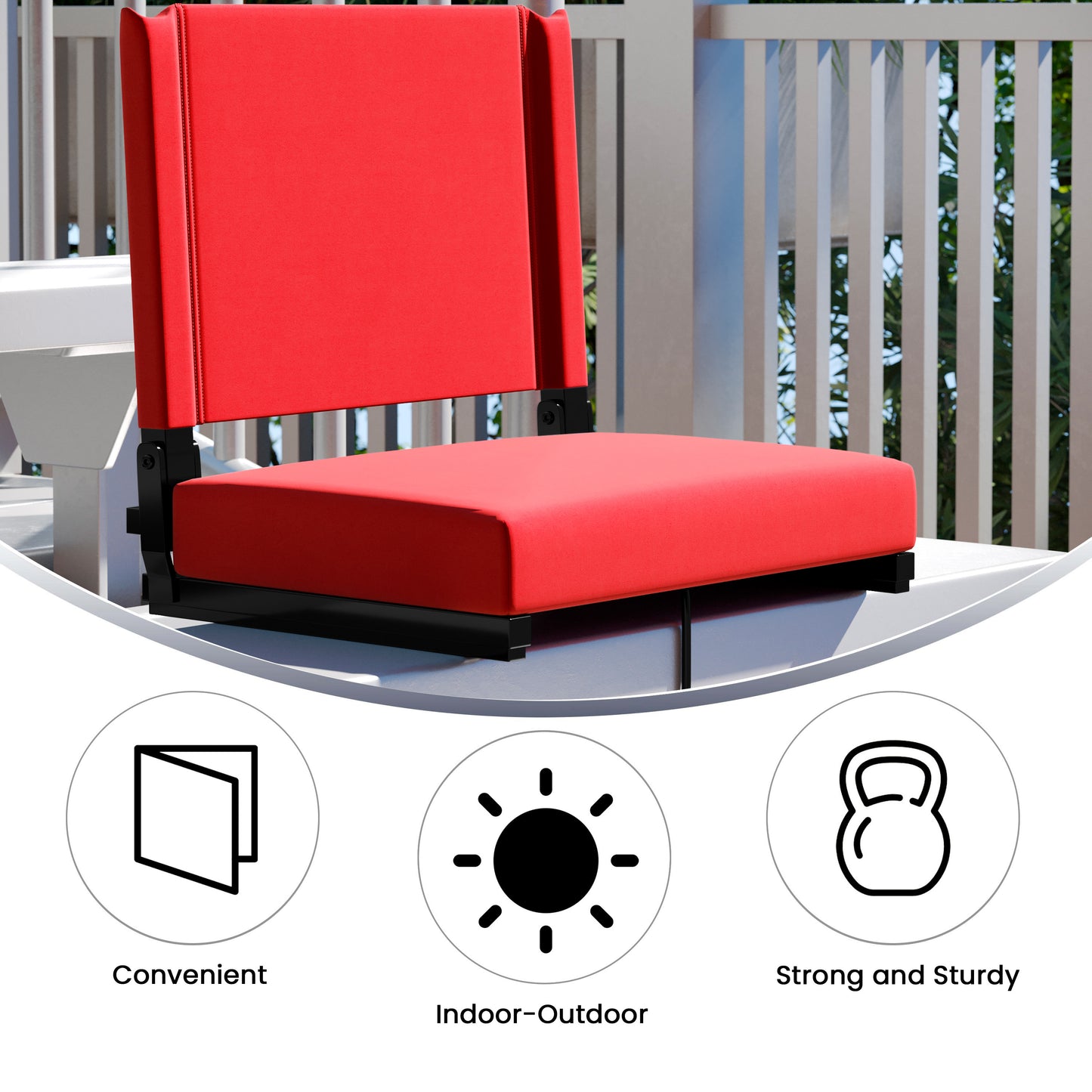 Grandstand Comfort 500 lb Capacity Padded Stadium Chairs, Folding Seats with Handles, Lightweight & Durable, Red