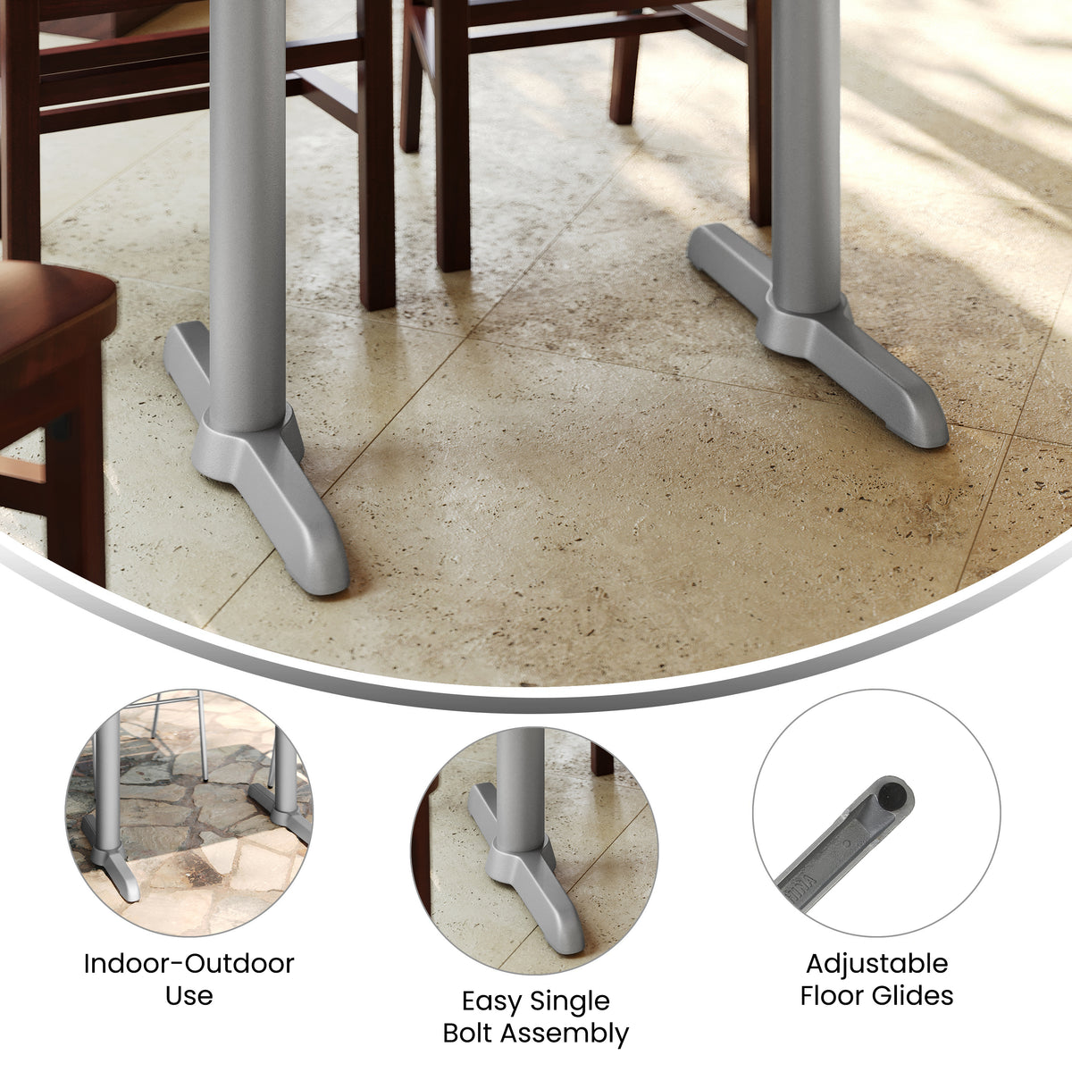 Beverly 5'' x 22'' Restaurant Indoor/Outdoor Table T-Base with 3'' Dia. Table Height Column, Silver