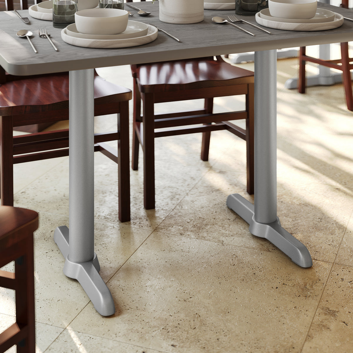 Beverly 5'' x 22'' Restaurant Indoor/Outdoor Table T-Base with 3'' Dia. Table Height Column, Silver