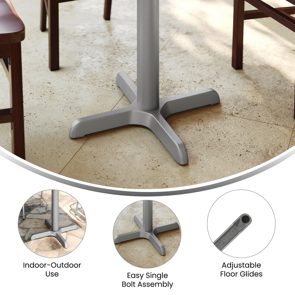 Beverly 22'' x 22'' Restaurant Indoor/Outdoor Table X-Base with 3'' Dia. Table Height Column, Silver