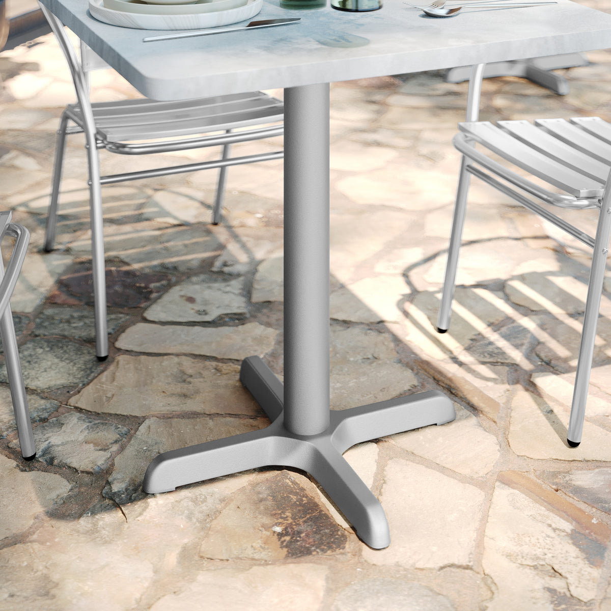 Beverly 22'' x 22'' Restaurant Indoor/Outdoor Table X-Base with 3'' Dia. Table Height Column, Silver