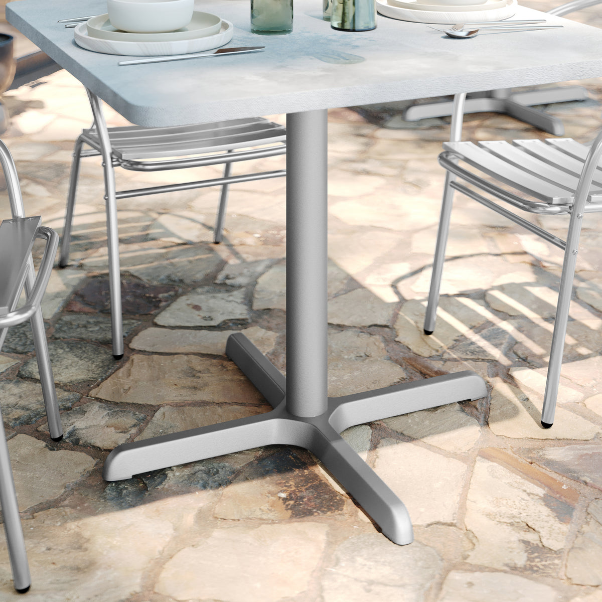 Beverly 30'' x 30'' Restaurant Indoor/Outdoor Table X-Base with 3'' Dia. Table Height Column, Silver