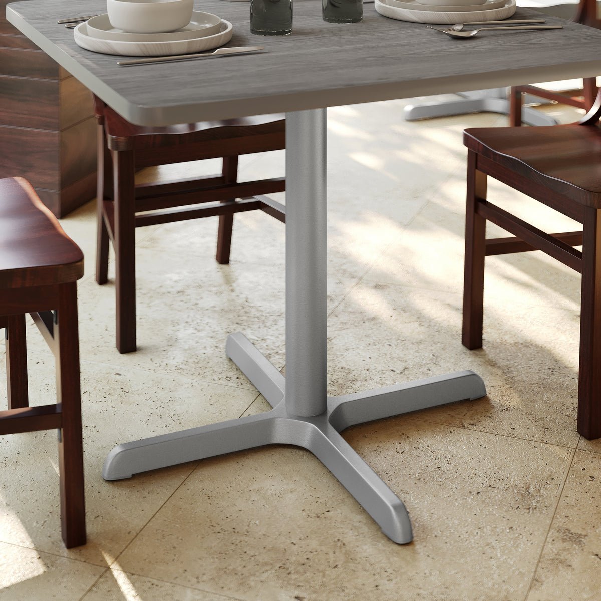 Beverly 30'' x 30'' Restaurant Indoor/Outdoor Table X-Base with 3'' Dia. Table Height Column, Silver