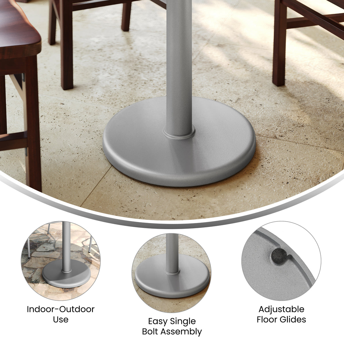 Beverly 18'' Round Restaurant Indoor/Outdoor Table Base with 3'' Dia. Table Height Column, Silver