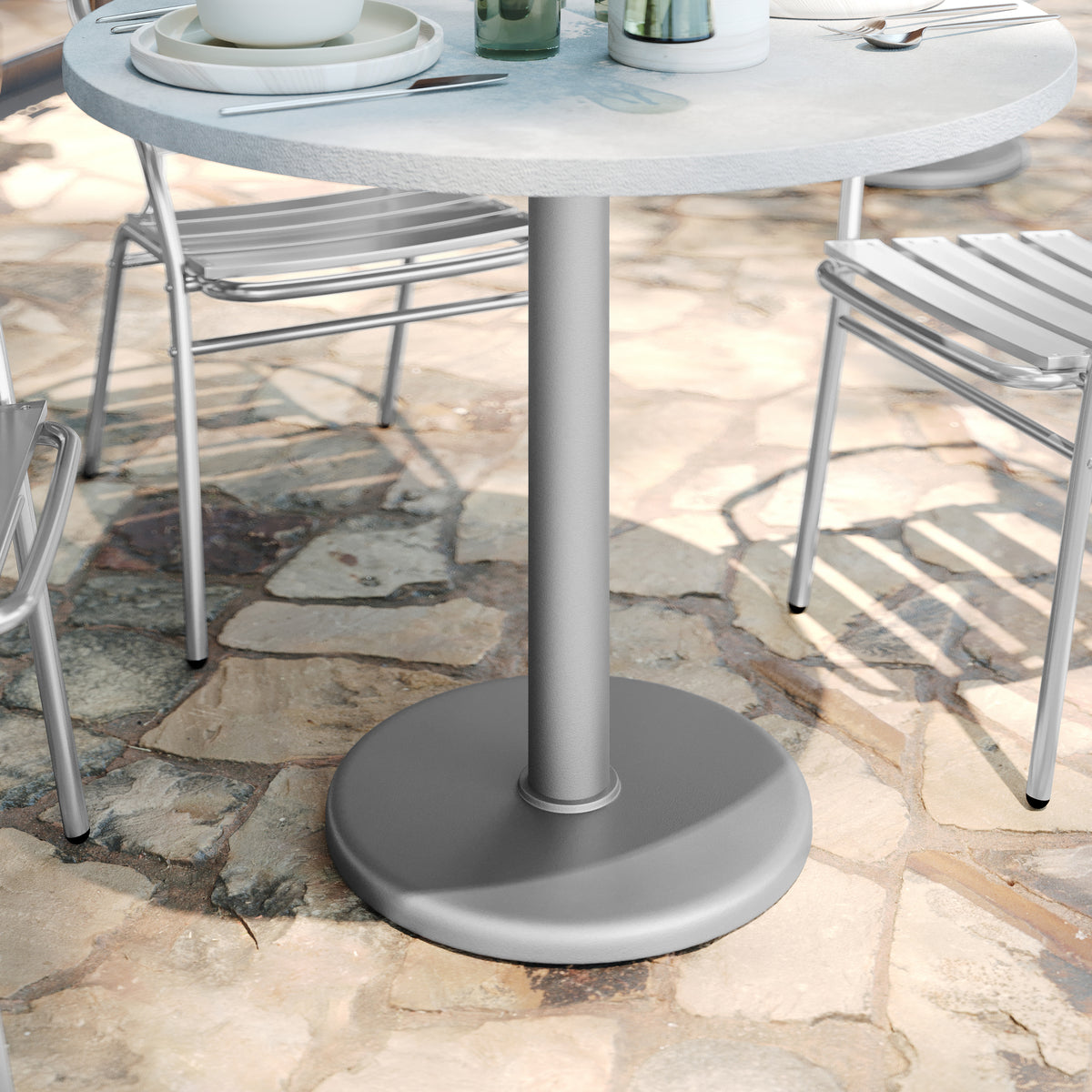 Beverly 18'' Round Restaurant Indoor/Outdoor Table Base with 3'' Dia. Table Height Column, Silver