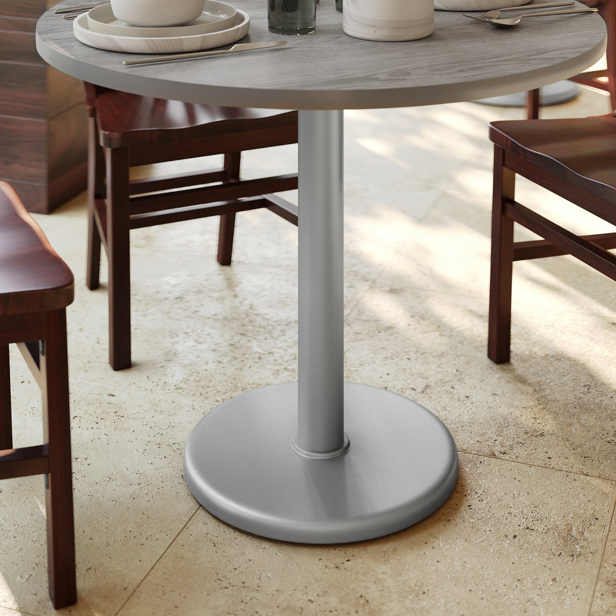 Beverly 18'' Round Restaurant Indoor/Outdoor Table Base with 3'' Dia. Table Height Column, Silver