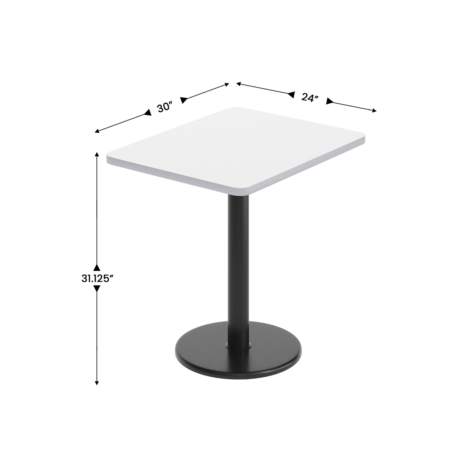 Graniss 24'' x 30'' White Rectangular Laminate Table Top with Black 18" Round Table Height Base