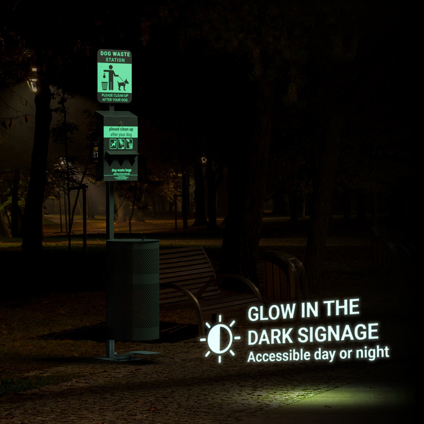Kessler Pet Waste Station with Pedal Trash Can, Glow in the Dark Sign, Roll Bag Dispenser, Hand Sanitizer Bottle with 600 Waste Bags and 50 Can Liners