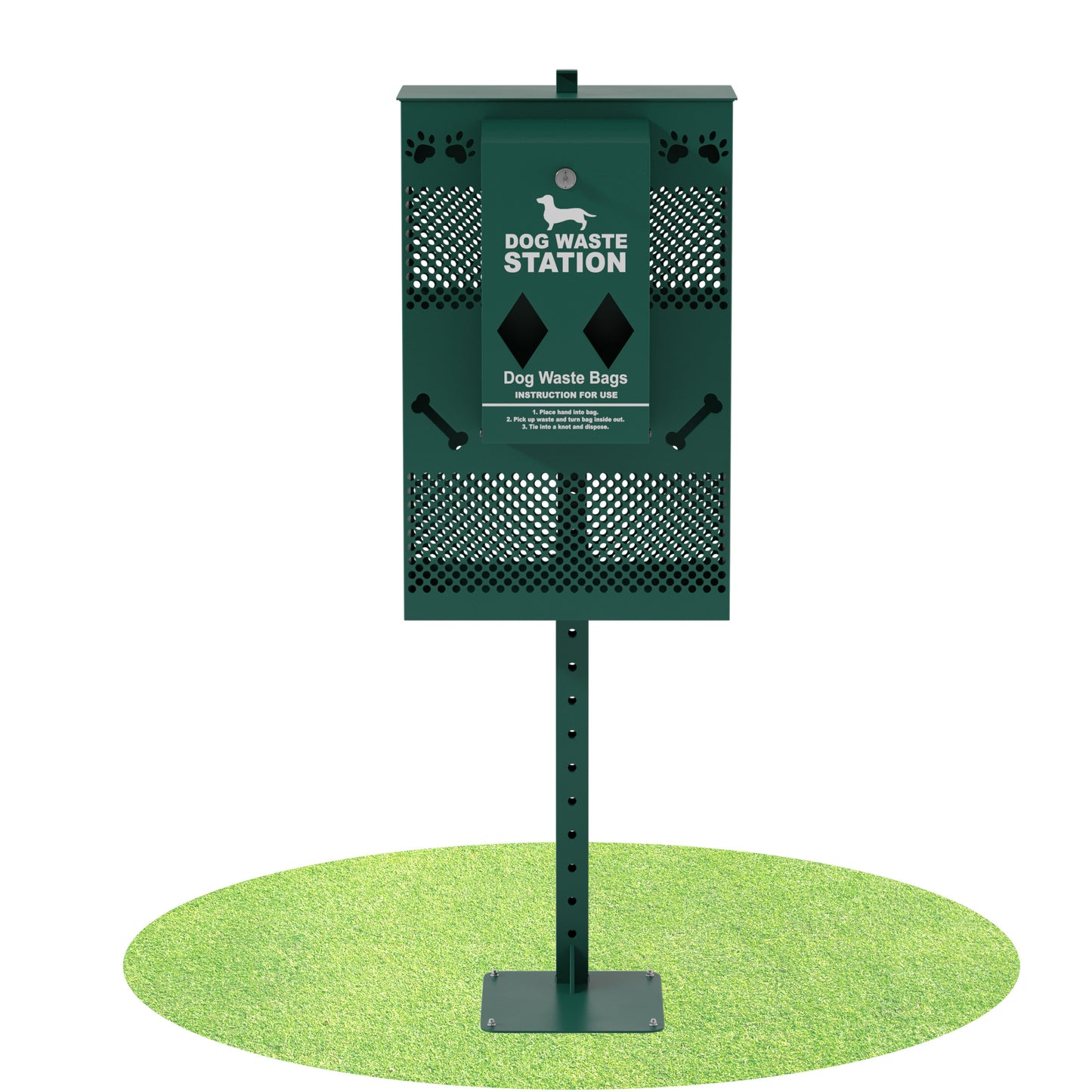 Kessler Compact Dog Waste Station with Rectangular Lidded Trash Can and Locking Roll Waste Bag Dispenser in Green