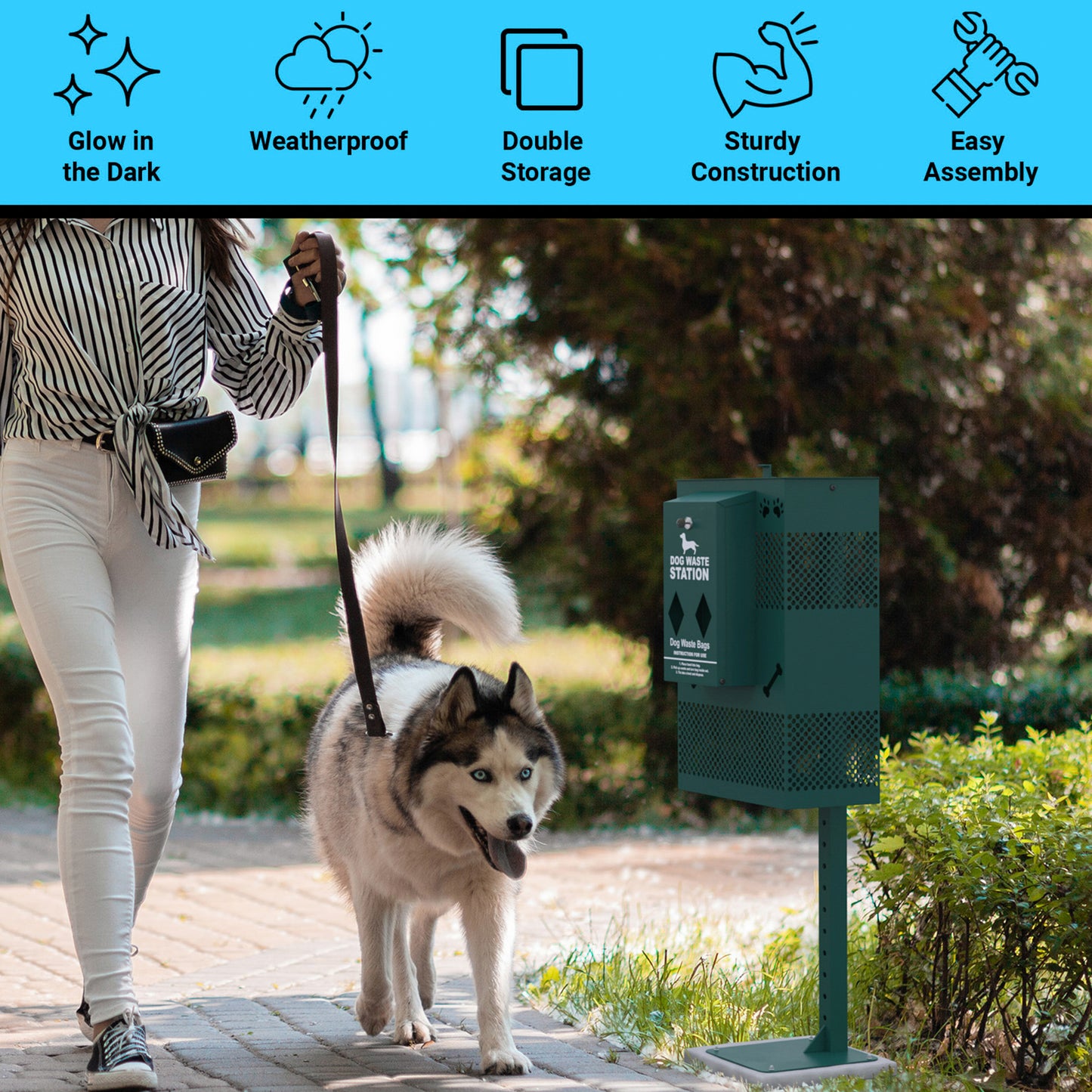 Kessler Compact Dog Waste Station with Rectangular Lidded Trash Can and Locking Roll Waste Bag Dispenser in Green
