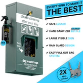 Kessler Locking Dog Waste Bag Dispenser with Glow in the Dark Sign, Hand Sanitizer Bottle and Rain Guard - 400 Pull Out Header Bags Included