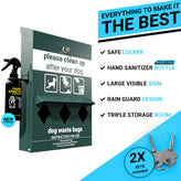 Kessler Locking Dog Waste Bag Dispenser with Glow in the Dark Sign, Hand Sanitizer Bottle and Rain Guard - 600 Roll Bags Included
