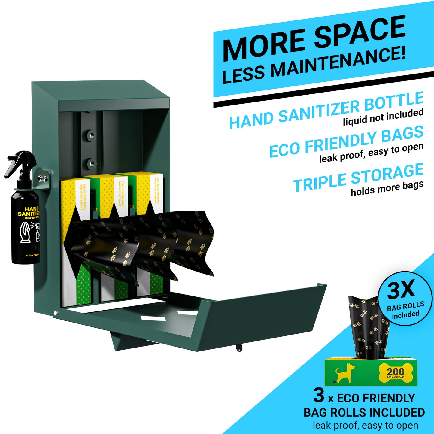 Kessler Locking Dog Waste Bag Dispenser with Glow in the Dark Sign, Hand Sanitizer Bottle and Rain Guard - 600 Roll Bags Included