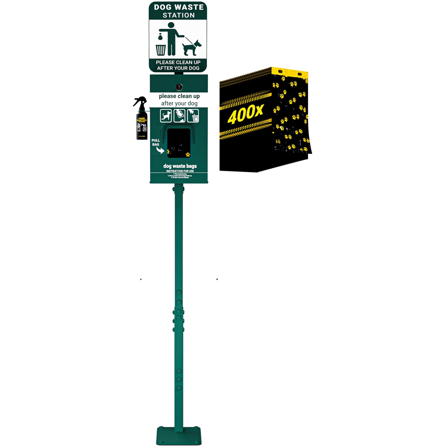 Kessler Mini Pet Waste Station with Glow in the Dark Sign, Pull Out Waste Bag Dispenser, and Hand Sanitizer Bottle - 400 Bags Included