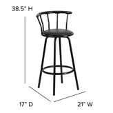 Charla Crown Back Black Metal Barstool with Black Vinyl Swivel Seat